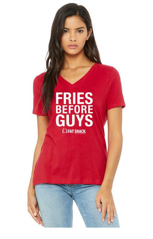 'Fries Before Guys' Women's V-Neck T-Shirt